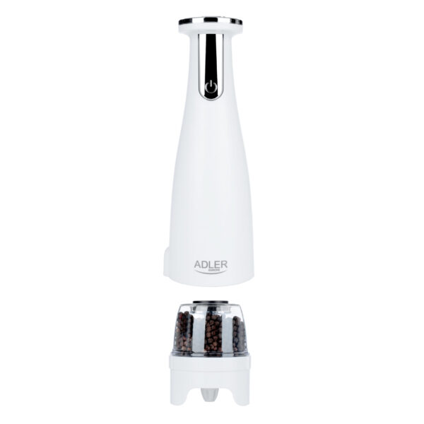 Adler | Electric Salt and pepper grinder | AD 4449w | Grinder | 7 W | Housing material ABS plastic | Lithium | Mills with ceramic querns; Charging light; Auto power off after: 3 minutes; Fully charged for 120 minutes of continuous use; Charging time: 2.5 hours; Cable charging: USB-C-USB-A; Grinder capacity: 150ml; Included: base, 3 replaceable grinders, tray, USB charging cable | Matte White - Image 5