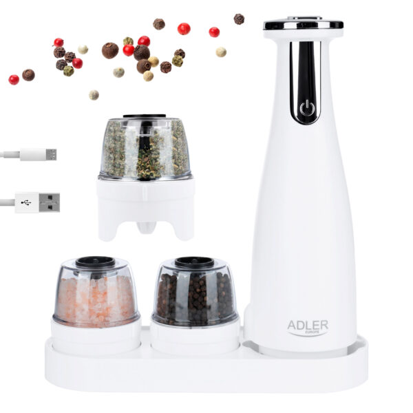 Adler | Electric Salt and pepper grinder | AD 4449w | Grinder | 7 W | Housing material ABS plastic | Lithium | Mills with ceramic querns; Charging light; Auto power off after: 3 minutes; Fully charged for 120 minutes of continuous use; Charging time: 2.5 hours; Cable charging: USB-C-USB-A; Grinder capacity: 150ml; Included: base, 3 replaceable grinders, tray, USB charging cable | Matte White - Image 8