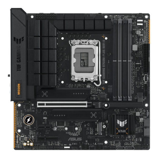ASUS TUF GAMING B760M-PLUS WIFI II | Asus | Processor family Intel B760 | Processor socket 1 x LGA1700 Socket | 4 DIMM slots - DDR5, non-ECC, on-die ECC, unbuffered | Supported hard disk drive interfaces SATA-600 (RAID), 3 x M.2 | Number of SATA connectors 4