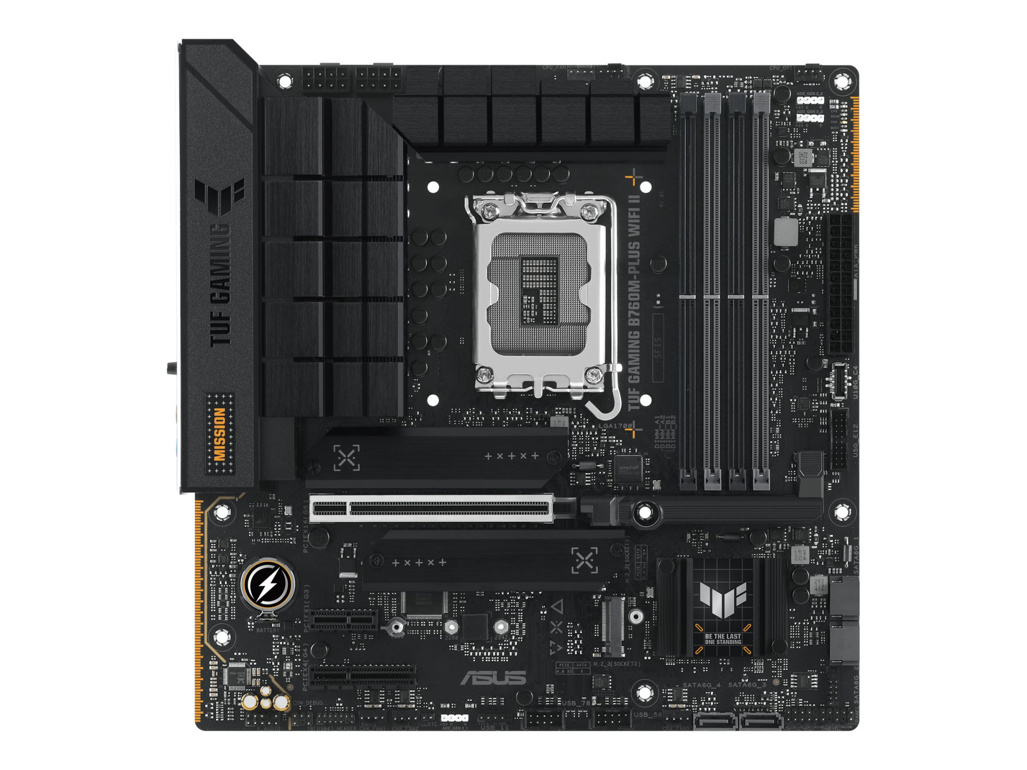 ASUS TUF GAMING B760M-PLUS WIFI II | Asus | Processor family Intel B760 | Processor socket 1 x LGA1700 Socket | 4 DIMM slots - DDR5, non-ECC, on-die ECC, unbuffered | Supported hard disk drive interfaces SATA-600 (RAID), 3 x M.2 | Number of SATA connectors 4