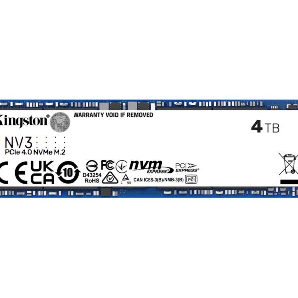 Kingston SSD | NV3 | 4000 GB | SSD form factor M.2 2280 | Solid-state drive interface PCIe 4.0 x4 NVMe | Read speed 6000 MB/s | Write speed 5000 MB/s