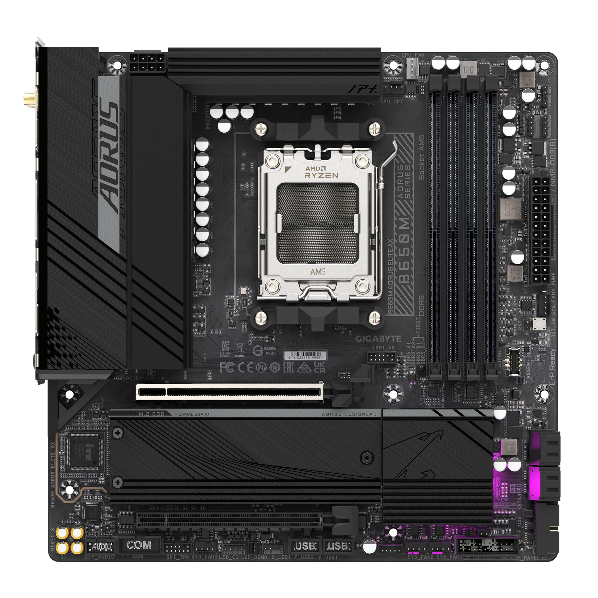 Gigabyte | B650M AORUS ELITE AX rev 1.3 | Processor family AMD | Processor socket AM5 | DDR5 DIMM | Supported hard disk drive interfaces SATA, M.2 | Number of SATA connectors 4 - Image 3
