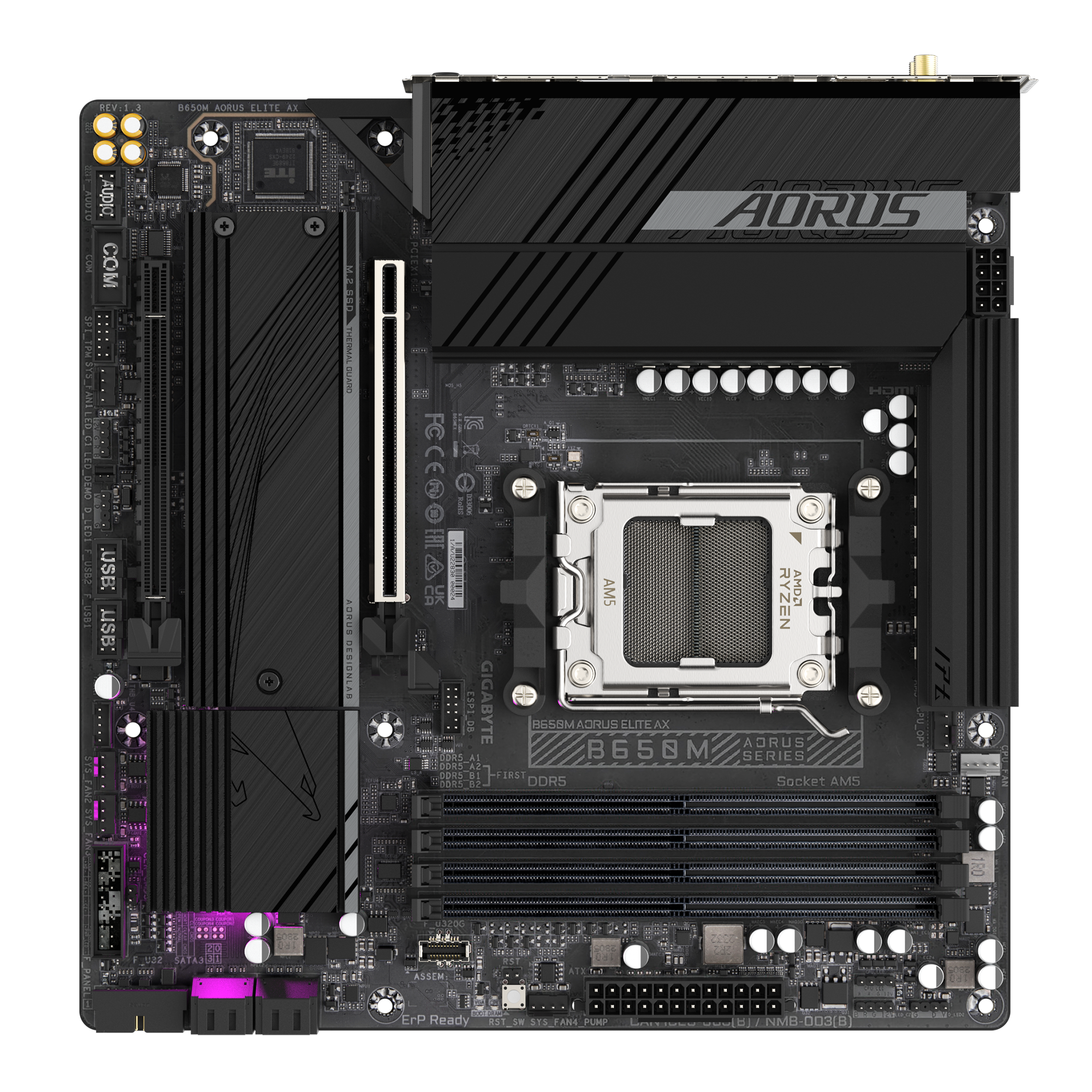 Gigabyte | B650M AORUS ELITE AX rev 1.3 | Processor family AMD | Processor socket AM5 | DDR5 DIMM | Supported hard disk drive interfaces SATA, M.2 | Number of SATA connectors 4 - Image 6