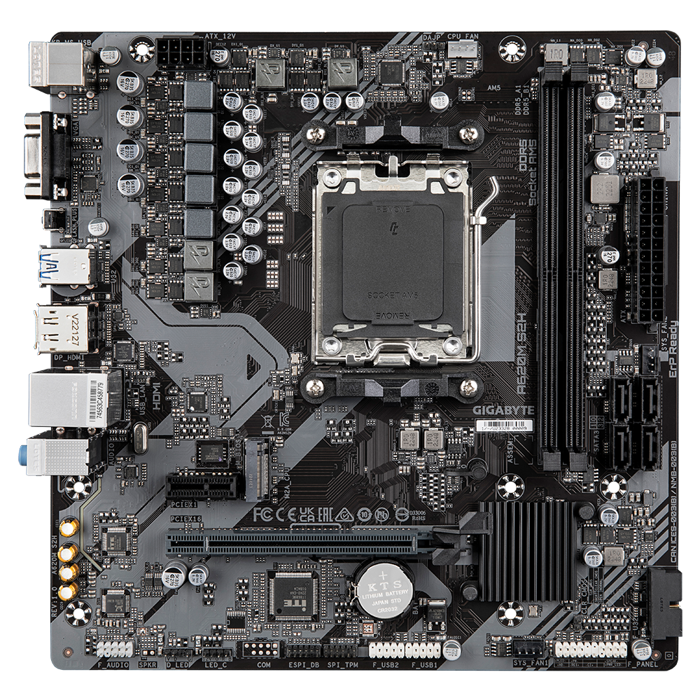 Gigabyte | A620M S2H 1.0 M/B | Processor family AMD | Processor socket AM5 | DDR5 DIMM | Memory slots 2 | Supported hard disk drive interfaces SATA, M.2 | Number of SATA connectors 4 | Chipset AMD A620 | Micro ATX - Image 3