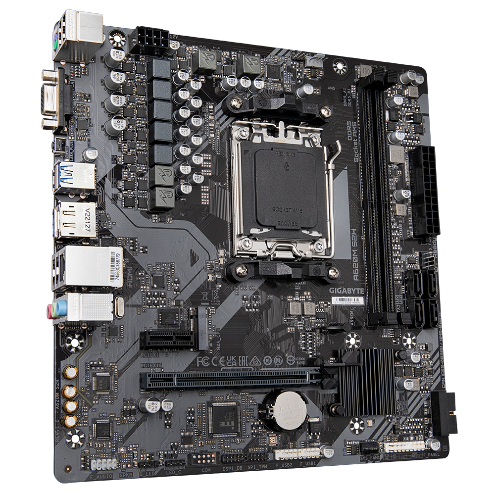 Gigabyte | A620M S2H 1.0 M/B | Processor family AMD | Processor socket AM5 | DDR5 DIMM | Memory slots 2 | Supported hard disk drive interfaces SATA, M.2 | Number of SATA connectors 4 | Chipset AMD A620 | Micro ATX - Image 5
