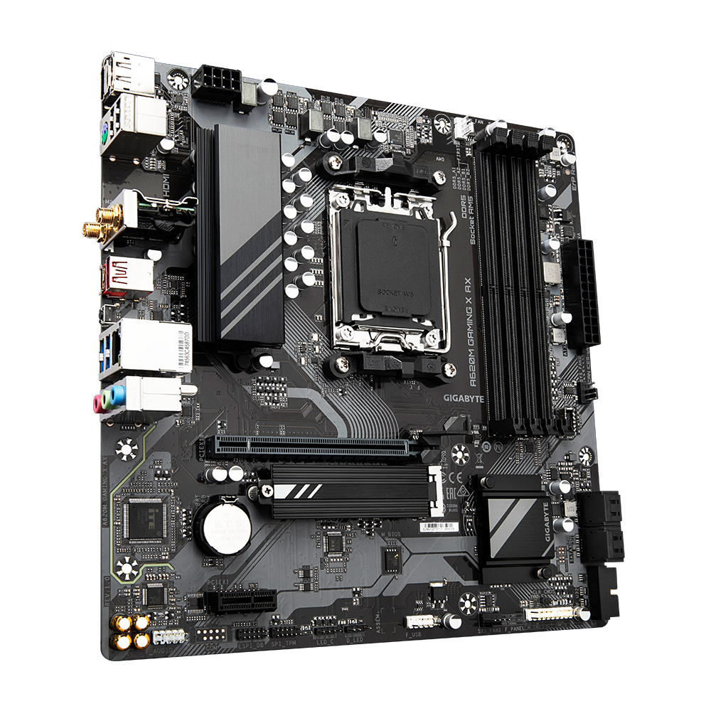 Gigabyte | A620M GAMING X AX 1.0 M/B | Processor family AMD | Processor socket AM5 | DDR5 DIMM | Memory slots 4 | Supported hard disk drive interfaces SATA, M.2 | Number of SATA connectors 4 | Chipset AMD A620 | Micro ATX - Image 4