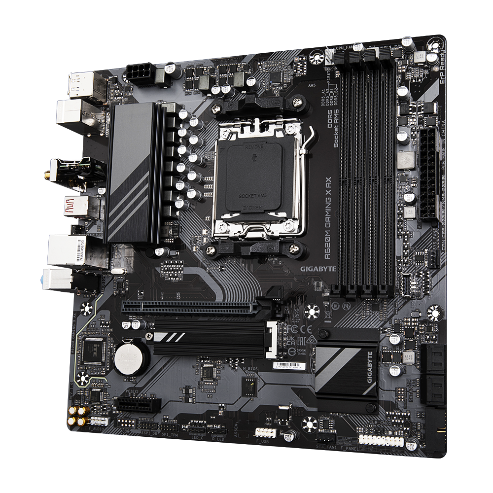 Gigabyte | A620M GAMING X AX 1.0 M/B | Processor family AMD | Processor socket AM5 | DDR5 DIMM | Memory slots 4 | Supported hard disk drive interfaces SATA, M.2 | Number of SATA connectors 4 | Chipset AMD A620 | Micro ATX - Image 5