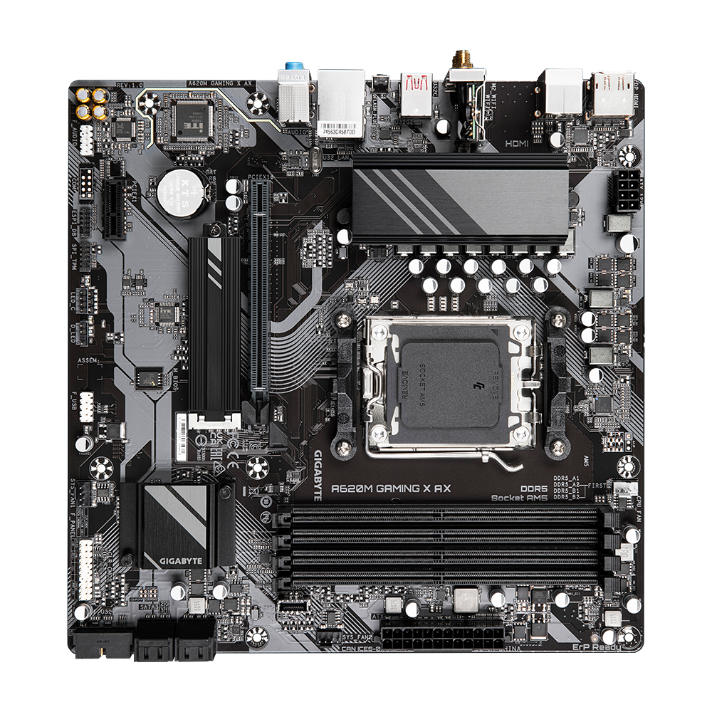 Gigabyte | A620M GAMING X AX 1.0 M/B | Processor family AMD | Processor socket AM5 | DDR5 DIMM | Memory slots 4 | Supported hard disk drive interfaces SATA, M.2 | Number of SATA connectors 4 | Chipset AMD A620 | Micro ATX - Image 6