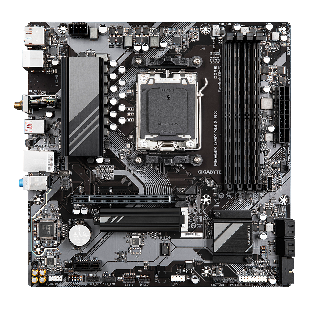 Gigabyte | A620M GAMING X AX 1.0 M/B | Processor family AMD | Processor socket AM5 | DDR5 DIMM | Memory slots 4 | Supported hard disk drive interfaces SATA, M.2 | Number of SATA connectors 4 | Chipset AMD A620 | Micro ATX - Image 2