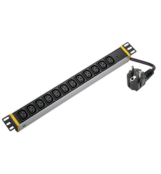SOMI Networks | 1U, 19″, 12x C13 Aluminium PDU Power Panel with Indicator | PDU12C13ASP | Silver | No Switch; No Protection; Schuko Input; Cord 1.8m