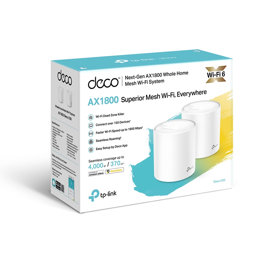 AX1800 Whole Home Mesh Wi-Fi 6 System | Deco X20 (2-pack) | 802.11ax | 1201+574 Mbit/s | 10/100/1000 Mbit/s | Ethernet LAN (RJ-45) ports 2 | Mesh Support Yes | MU-MiMO Yes | No mobile broadband | Antenna type 4xInternal per Deco uni - Image 4