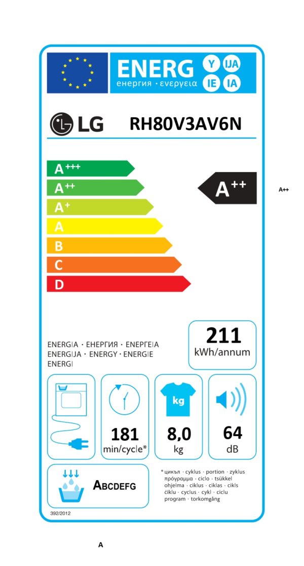LG | Dryer Machine | RH80V3AV6N | Energy efficiency class A++ | Front loading | 8 kg | LED | Depth 69 cm | Wi-Fi | White - Image 21