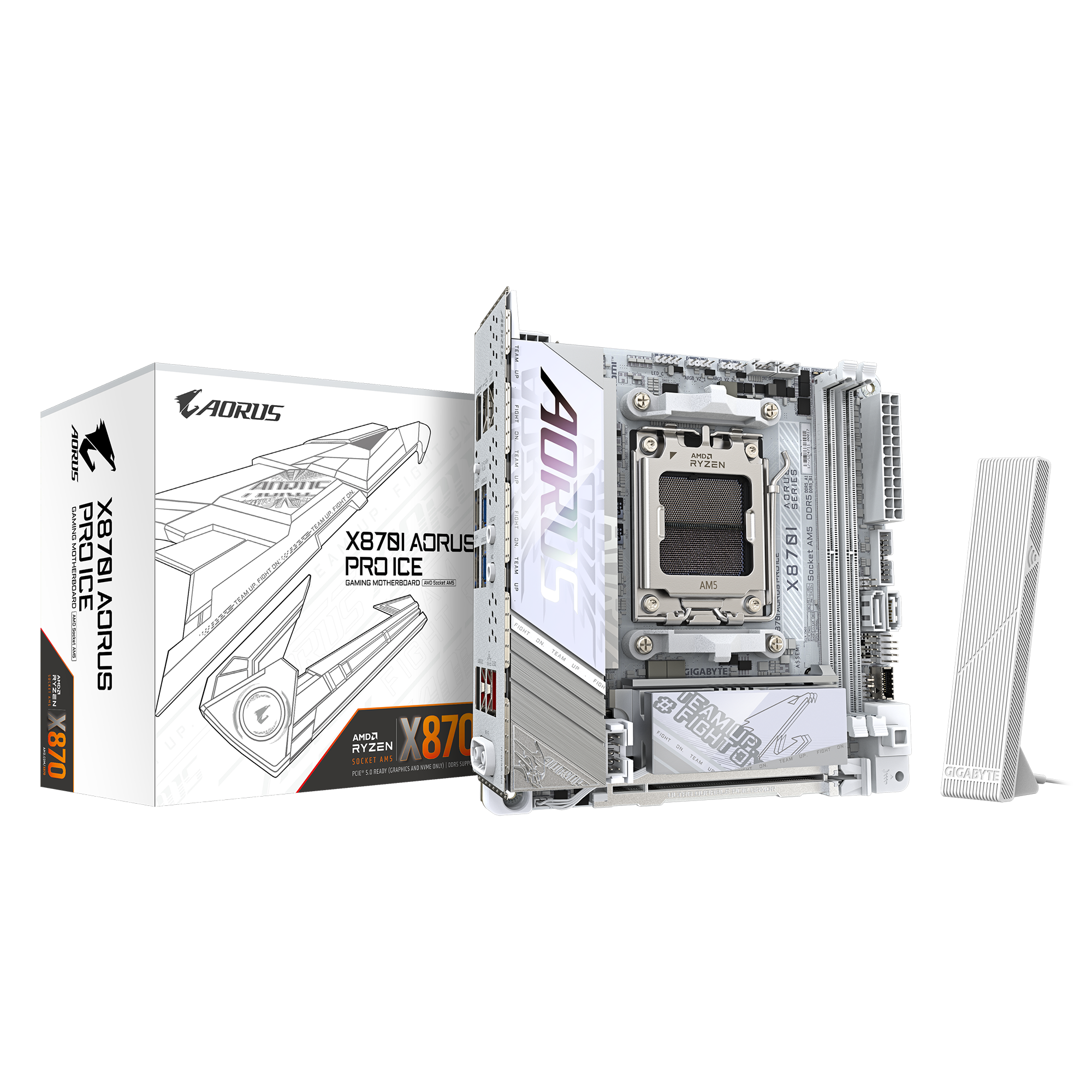 Gigabyte X870I AORUS PRO ICE | Processor family AMD | Processor socket AM5 | DDR5 SDRAM | Supported hard disk drive interfaces M.2, SATA | Number of SATA connectors 2