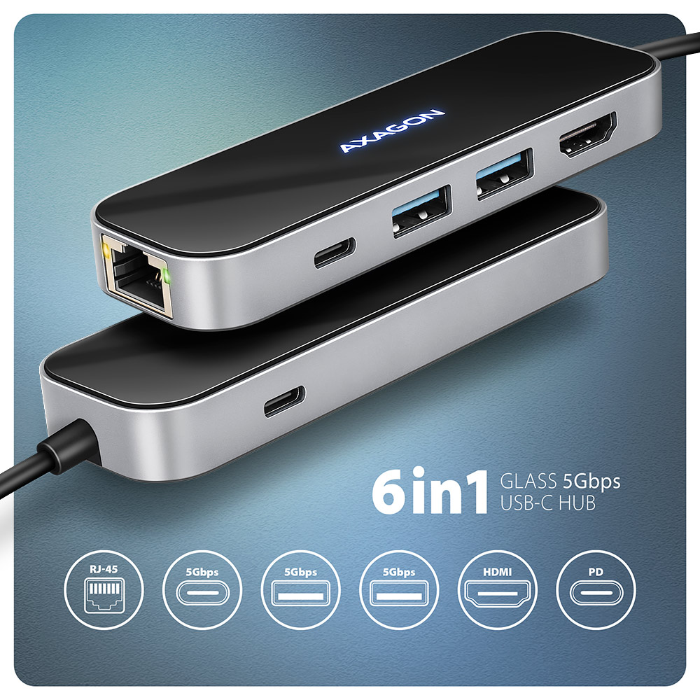 AXAGON USB-C 5Gbps GLASS 6in1 Hub | HMC-6GLN - Image 2