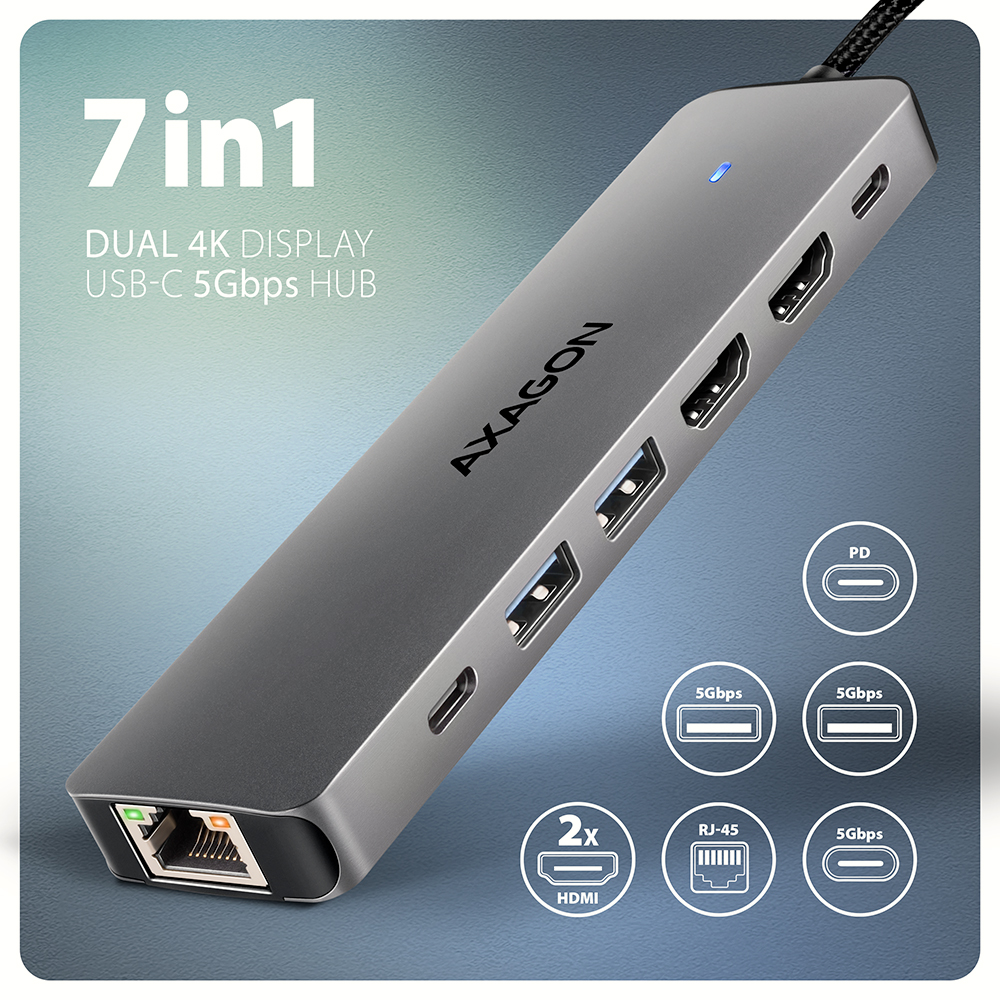 AXAGON USB-C 5Gbps DUAL 4K DISPLAY 7in1 Hub | HMC-7HX2 - Image 4
