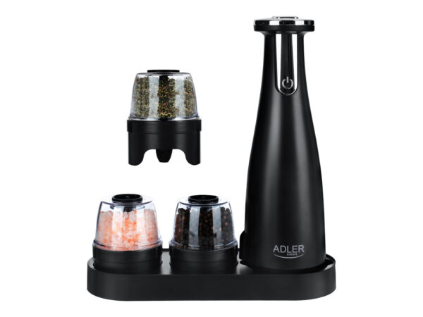 Adler | Electric Salt and pepper grinder | AD 4449b | Grinder | 7 W | Housing material ABS plastic | Lithium | Mills with ceramic querns; Charging light; Auto power off after: 3 minutes; Fully charged for 120 minutes of continuous use; Charging time: 2.5 hours; Cable charging: USB-C-USB-A; Grinder capacity: 150ml; Included: base, 3 replaceable grinders, tray, USB charging cable | Matte Black - Image 2