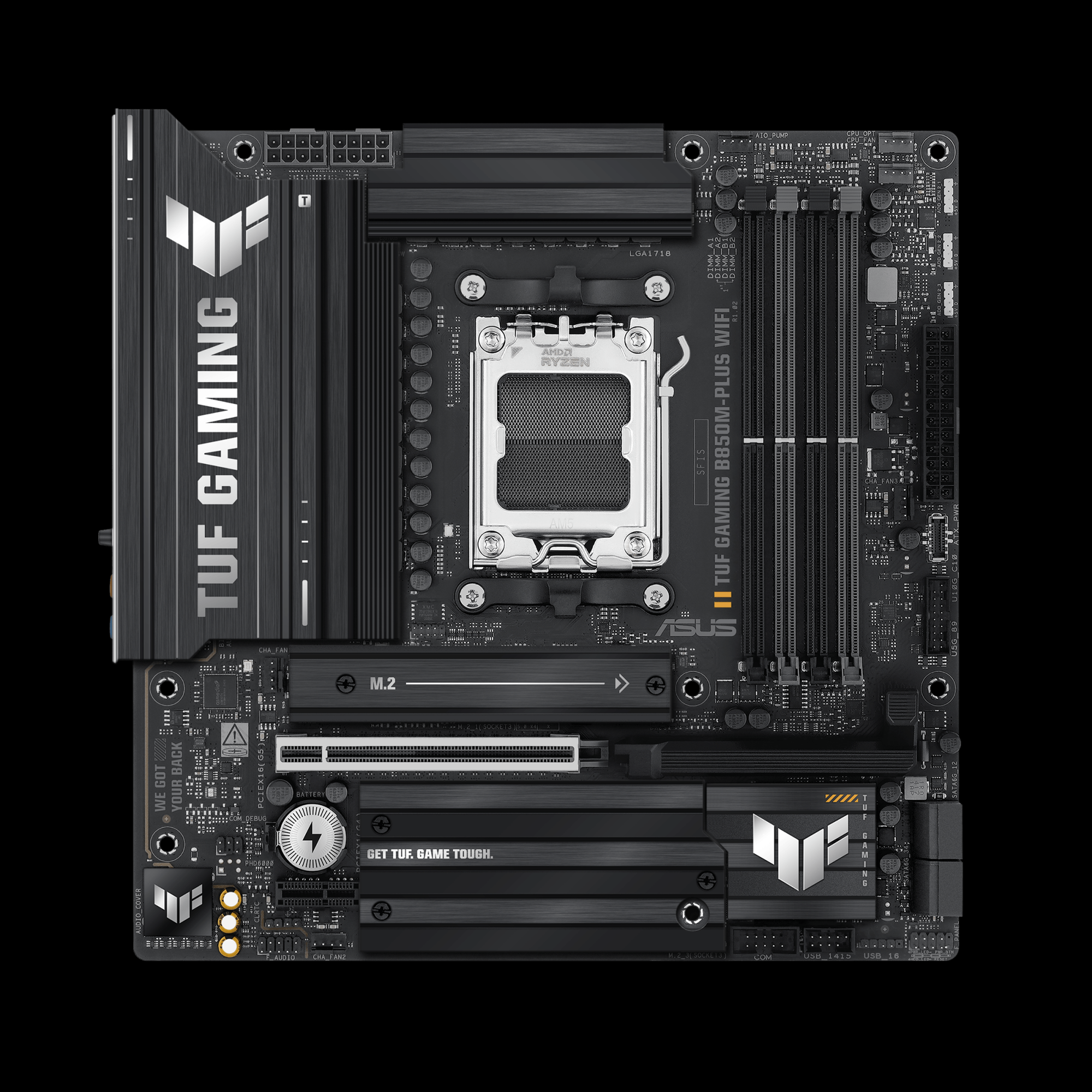 Asus TUF GAMING B850M-PLUS WIFI | Processor family AMD | Processor socket AM5 | DDR5 | Supported hard disk drive interfaces M.2, SATA | Number of SATA connectors 4