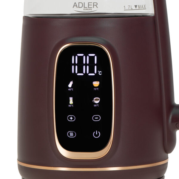 Adler Kettle with LED Display | AD 1305 | Electric | 2200 W | 1.7 L | Plastic | 360° rotational base | Burgundy - Image 2