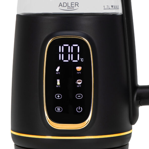 Adler Kettle with LED Display | AD 1305 | Electric | 2200 W | 1.7 L | Plastic | 360° rotational base | Black/Gold - Image 2