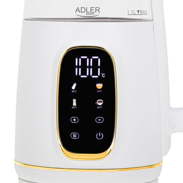 Adler Kettle with LED Display | AD 1305 | Electric | 2200 W | 1.7 L | Plastic | 360° rotational base | White/Gold - Image 2