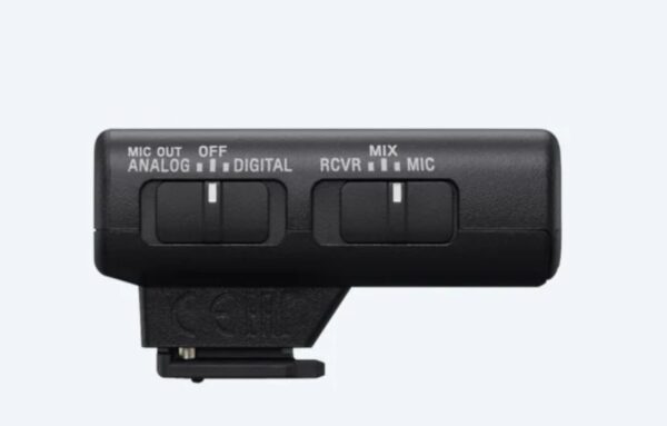 Sony | Wireless Bluetooth Microphone | ECM-W2BT | Omnidirectional; Clear, cable-free digital transmission; High-quality audio transmission from microphone to receiver; 9 hours battery life; Stable, uninterrupted audio recording; Safeguards to prevent recording failures; Product image showing the 3.5mm stereo mini-jack on top of the transmitter Expandability with 3.5mm stereo mini-jack - Image 5