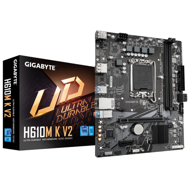 Gigabyte H610M K V2 | Processor family Intel | Processor socket LGA1700 | DDR5 | Supported hard disk drive interfaces M.2, SATA | Number of SATA connectors 2