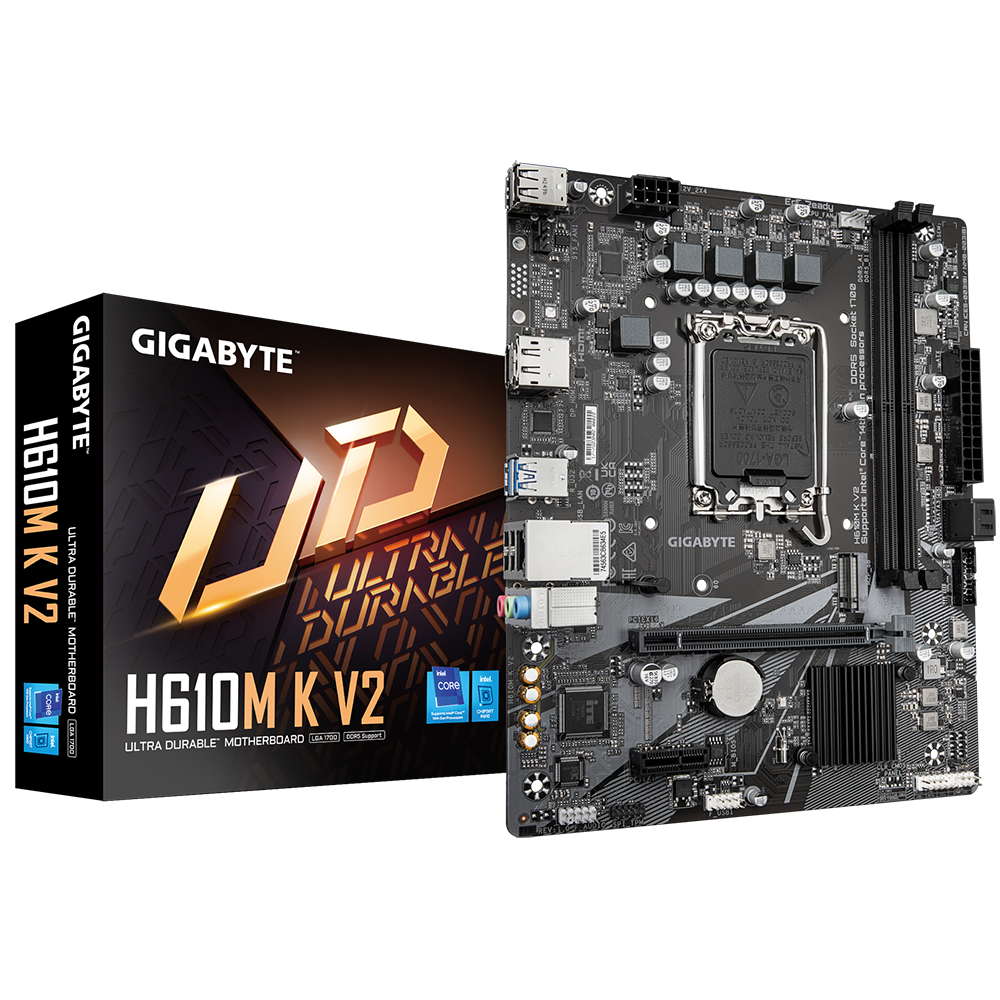 Gigabyte H610M K V2 | Processor family Intel | Processor socket LGA1700 | DDR5 | Supported hard disk drive interfaces M.2, SATA | Number of SATA connectors 2