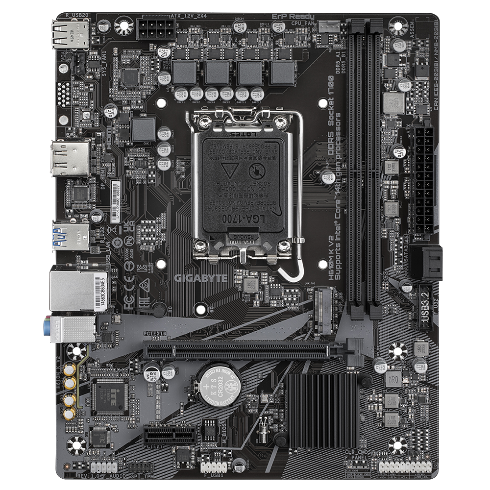 Gigabyte H610M K V2 | Processor family Intel | Processor socket LGA1700 | DDR5 | Supported hard disk drive interfaces M.2, SATA | Number of SATA connectors 2 - Image 3