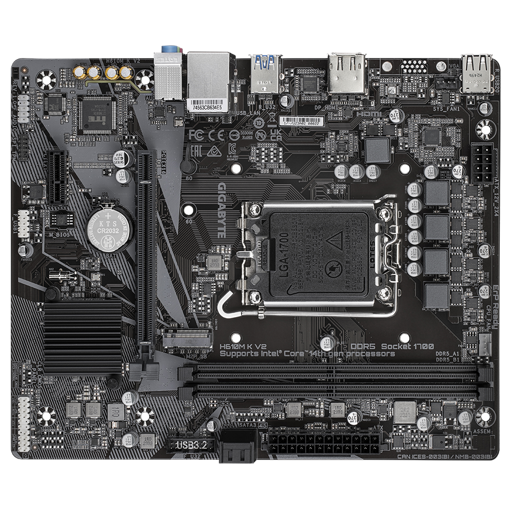 Gigabyte H610M K V2 | Processor family Intel | Processor socket LGA1700 | DDR5 | Supported hard disk drive interfaces M.2, SATA | Number of SATA connectors 2 - Image 5