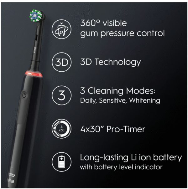 Oral-B | Electric Toothbrush | Pro 3 Sensitive Clean & Care | Rechargeable | For adults | Number of brush heads included 2 | Number of teeth brushing modes 3 | Black - Image 4