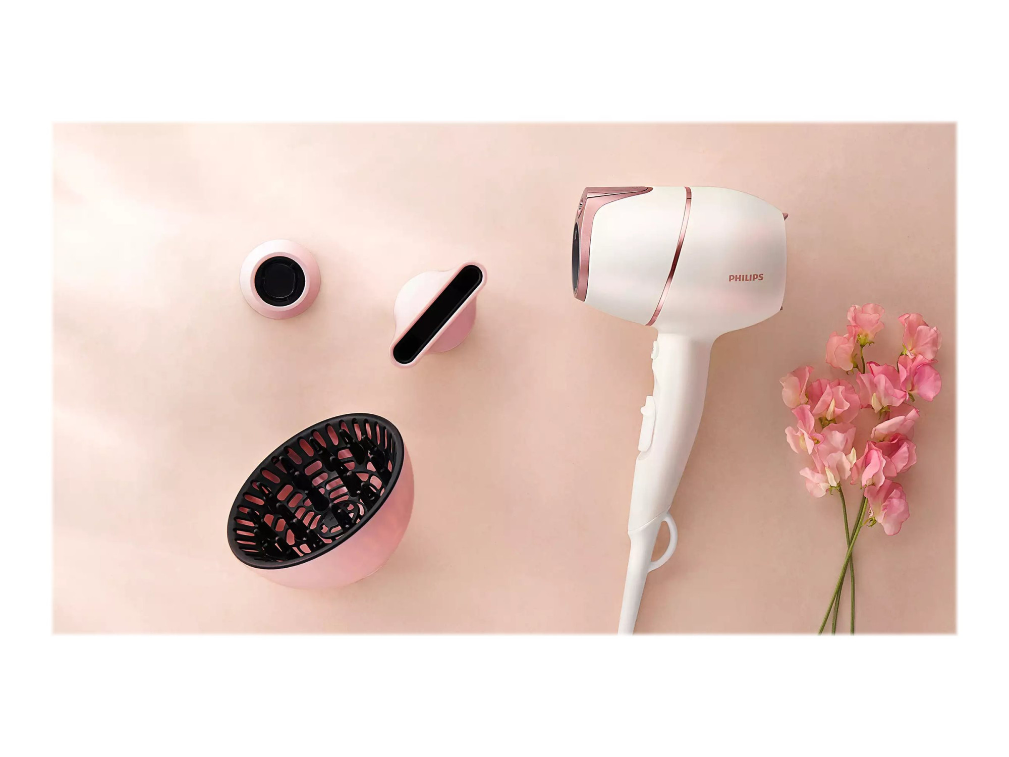 Philips Hair Dryer with SenseIQ | BHD628/00 Prestige | 1800 W | Number of temperature settings 3 | Ionic function | Diffuser nozzle | White/Rose - Image 8