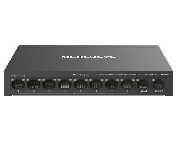Mercusys MS110CP 8-Port 10/100 Mbps + 2-Port Gigabit Desktop Switch with 8-Port PoE+ | Mercusys