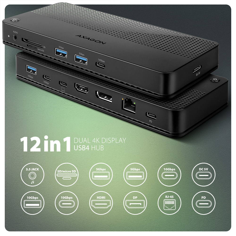 AXAGON USB4 40Gbps DUAL 4K DISPLAY 12in1 Dock | HMC-U4 - Image 2