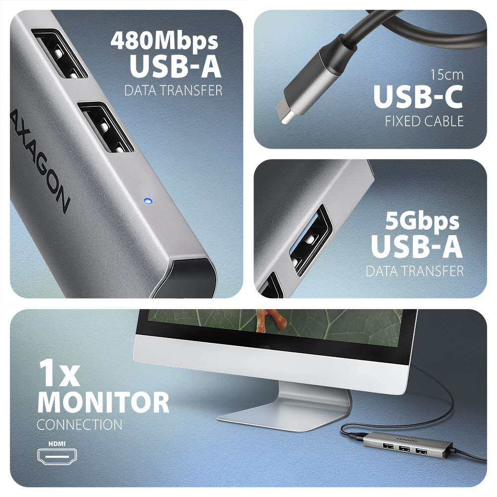 AXAGON USB-C 5Gbps STARTER 4in1 Hub | HMC-H3A - Image 4