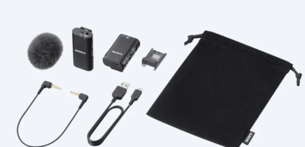 Sony | Wireless Bluetooth Microphone | ECM-W2BT | Omnidirectional; Clear, cable-free digital transmission; High-quality audio transmission from microphone to receiver; 9 hours battery life; Stable, uninterrupted audio recording; Safeguards to prevent recording failures; Product image showing the 3.5mm stereo mini-jack on top of the transmitter Expandability with 3.5mm stereo mini-jack - Image 3