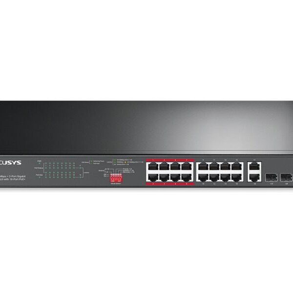 Mercusys MS118CP 16-Port 10/100Mbps + 2-Port Gigabit Rackmount Switch with 16-Port PoE+ | Mercusys