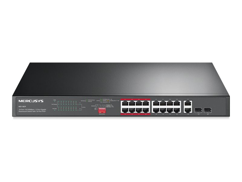 Mercusys MS118CP 16-Port 10/100Mbps + 2-Port Gigabit Rackmount Switch with 16-Port PoE+ | Mercusys
