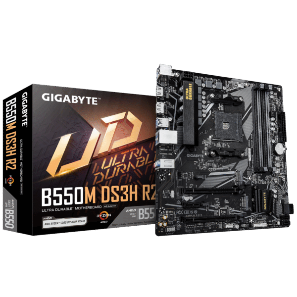 Gigabyte B550M DS3H R2 | Processor family AMD | Processor socket AM4 | DDR4 DIMM | Supported hard disk drive interfaces SATA, M.2 | Number of SATA connectors 4