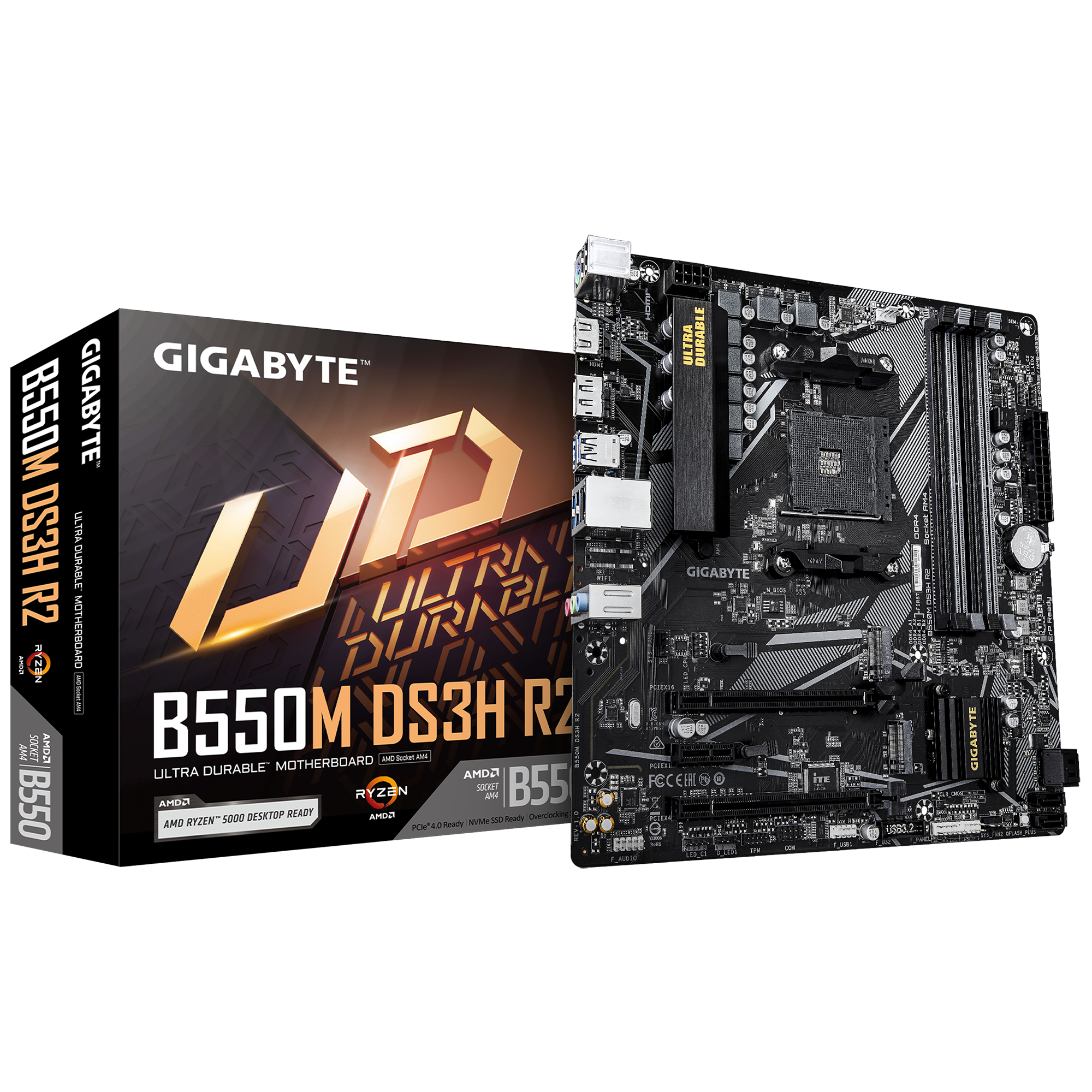 Gigabyte B550M DS3H R2 | Processor family AMD | Processor socket AM4 | DDR4 DIMM | Supported hard disk drive interfaces SATA, M.2 | Number of SATA connectors 4