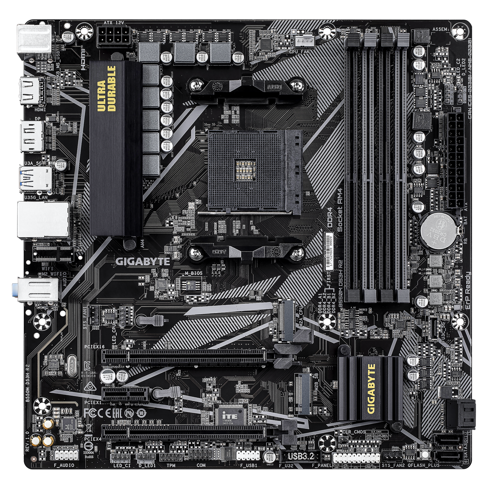 Gigabyte B550M DS3H R2 | Processor family AMD | Processor socket AM4 | DDR4 DIMM | Supported hard disk drive interfaces SATA, M.2 | Number of SATA connectors 4 - Image 3
