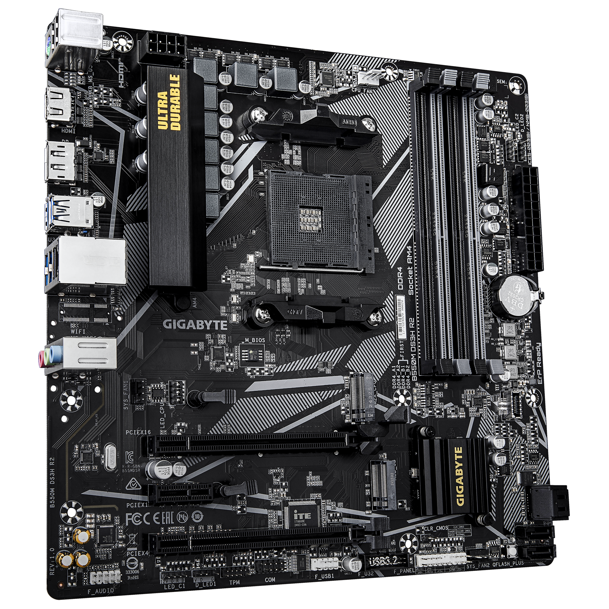 Gigabyte B550M DS3H R2 | Processor family AMD | Processor socket AM4 | DDR4 DIMM | Supported hard disk drive interfaces SATA, M.2 | Number of SATA connectors 4 - Image 4