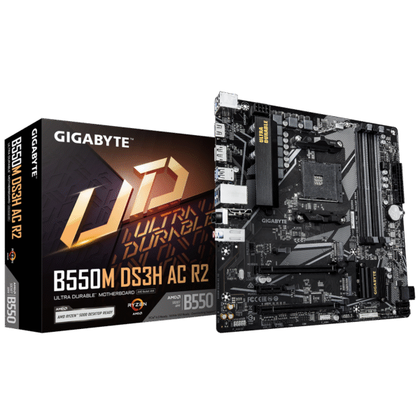 Gigabyte B550M DS3H AC R2 | Processor family AMD | Processor socket AM4 | DDR4 DIMM | Supported hard disk drive interfaces SATA, M.2 | Number of SATA connectors 4