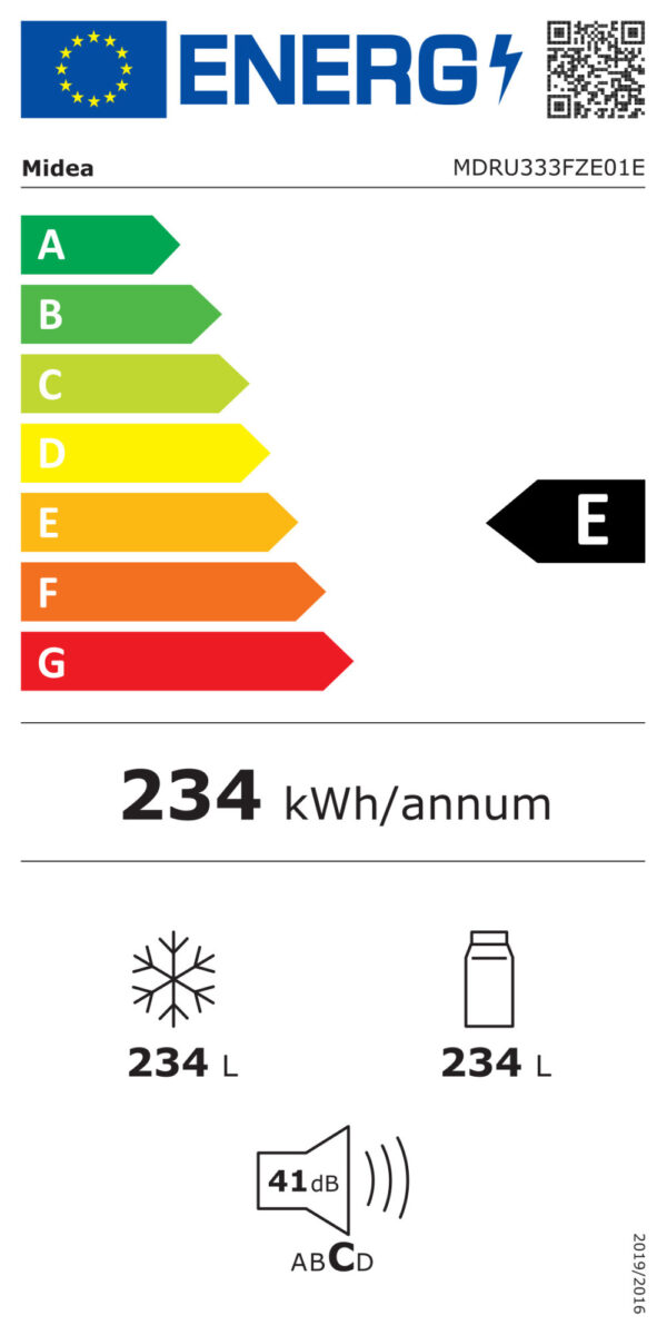 Midea Freezer | MDRU333FZE01E | Energy efficiency class E | Upright | Free standing | Height 172.2 cm | Total net capacity 238 L | No Frost system | Display | White - Image 3