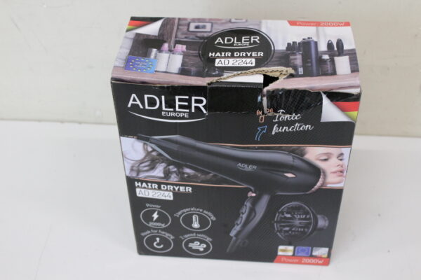 SALE OUT. Adler AD 2244 Hair Dryer, 2000W, 2 speed settings, 3 temperature settings, AC motor, black | Adler Hair Dryer | AD 2244 | 2000 W | Number of temperature settings 3 | Ionic function | Diffuser nozzle | Black | DAMAGED PACKAGING