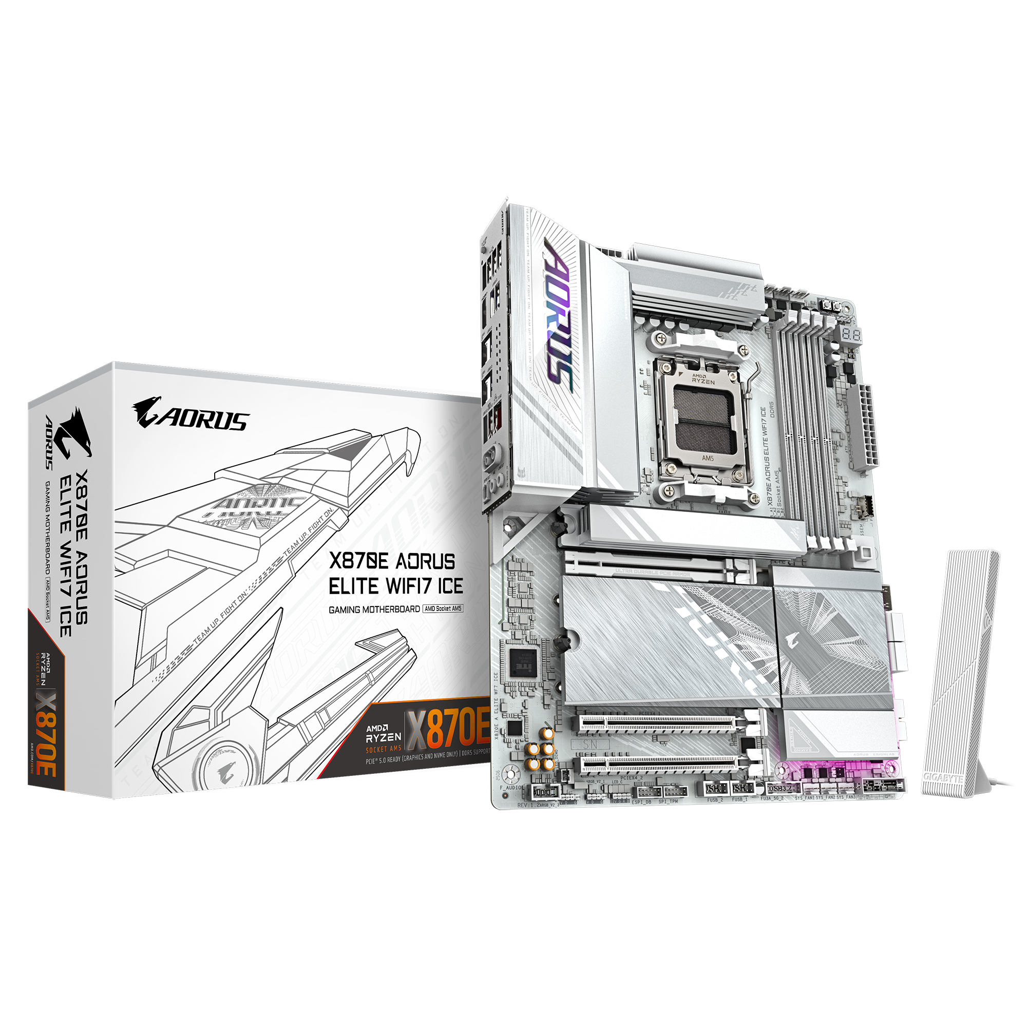 Gigabyte X870E AORUS ELITE WIFI7 ICE | Processor family AMD | Processor socket AM5 | DDR5 | Supported hard disk drive interfaces SATA, M.2 | Number of SATA connectors 4
