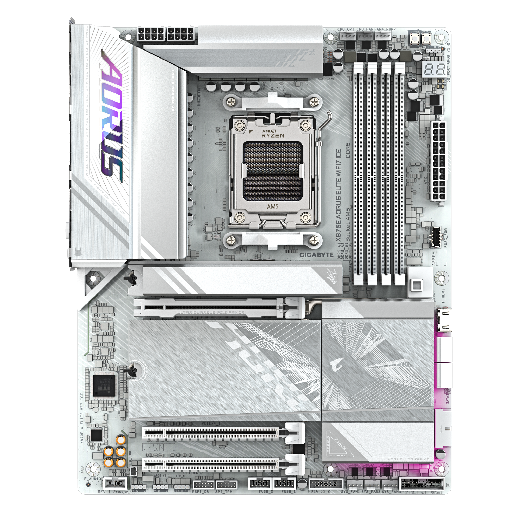 Gigabyte X870E AORUS ELITE WIFI7 ICE | Processor family AMD | Processor socket AM5 | DDR5 | Supported hard disk drive interfaces SATA, M.2 | Number of SATA connectors 4 - Image 2
