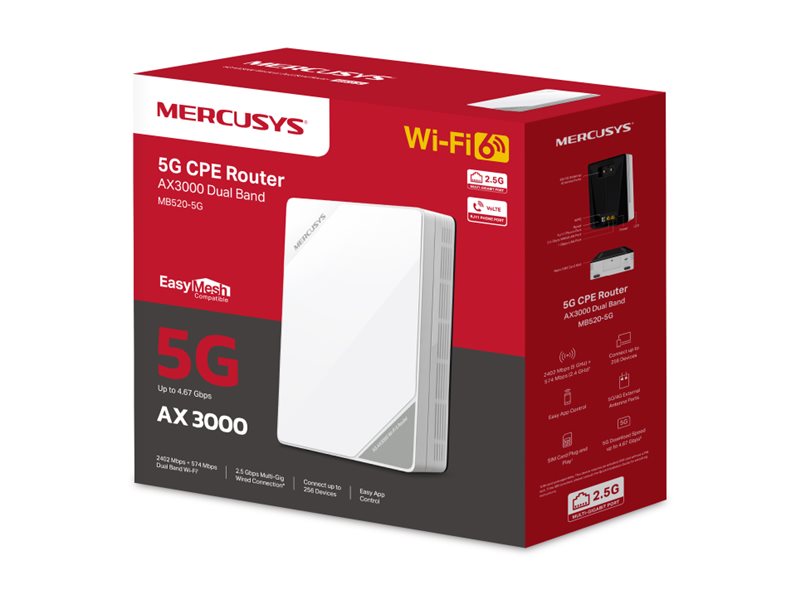 Mercusys 5G AX3000 Wireless Dual Band Router | MB520-5G | 802.11ax | 574/2402 Mbit/s | Ethernet LAN (RJ-45) ports 1 | Mesh Support No | MU-MiMO No | No mobile broadband | Antenna type Internal - Image 5
