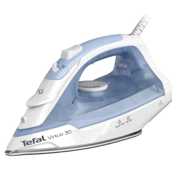 TEFAL Steam Iron | FV2C41E0 Virtuo | Steam Iron | 2000 W | Water tank capacity 240 ml | Continuous steam 27 g/min | Steam boost performance 120 g/min | Blue/White