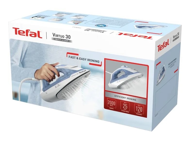 TEFAL Steam Iron | FV2C41E0 Virtuo | Steam Iron | 2000 W | Water tank capacity 240 ml | Continuous steam 27 g/min | Steam boost performance 120 g/min | Blue/White - Image 7