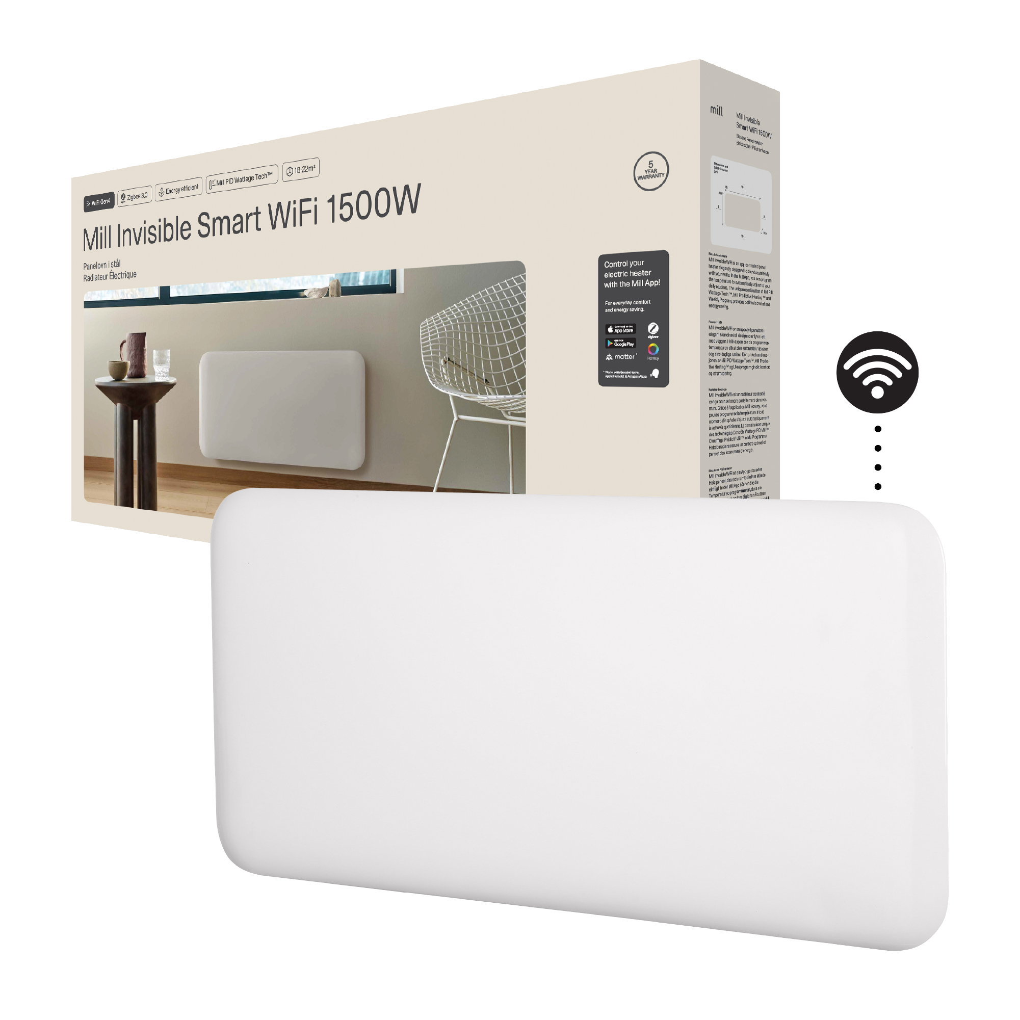 Mill Invisible Smart WiFi Heater | PA1500WIFI4 | Panel Heater | 1500 W | Suitable for rooms up to 18-22 m² | White | IPX4 - Image 2